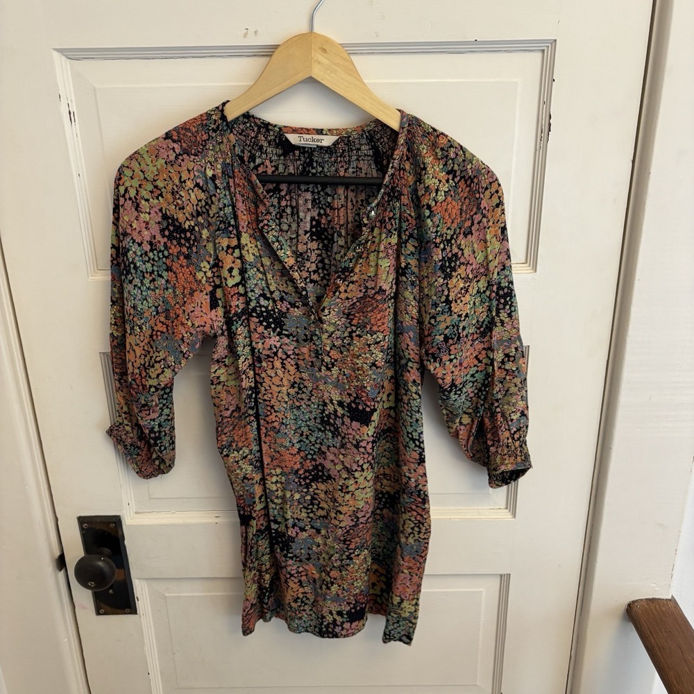 Tucker Women's Black Floral Blouse 3/4 Sleeves Size P $275